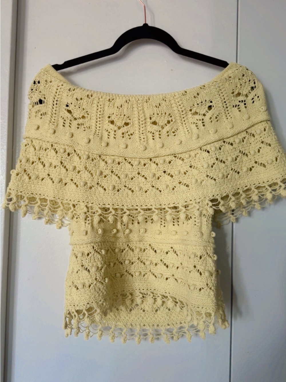 Zara Cream Crochet Off-the-Shoulder Sweater with Fringe